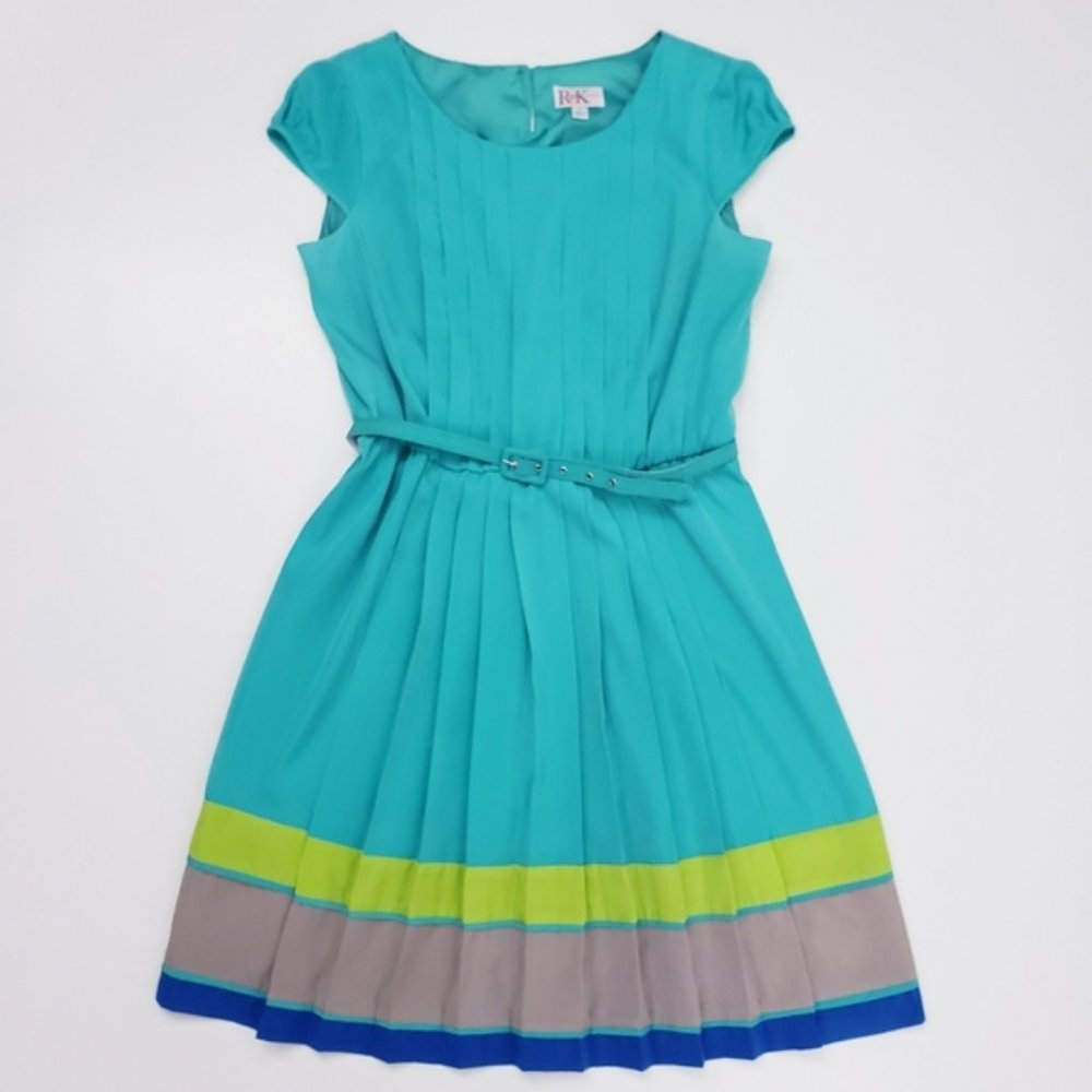 Pleated Turquoise Lime Green Colorblock Dress with Belt RK Originals Size 14 - Picture 1 of 11